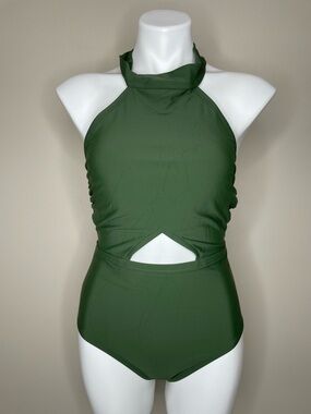 Kona Sol Olive Green High-Neck Open Back Cut Out One-Piece Swimsuit